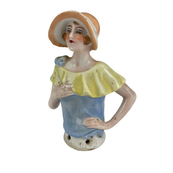 Vintage 1930s German Flapper Girl Porcelain Half-Doll Figurine With Yellow Hat &